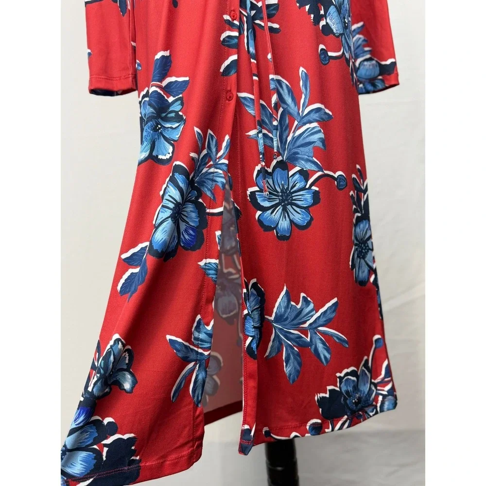 Zara Red Blue Floral Long‎ Sleeve Button Front Midi Dress Small Colorful Boho
